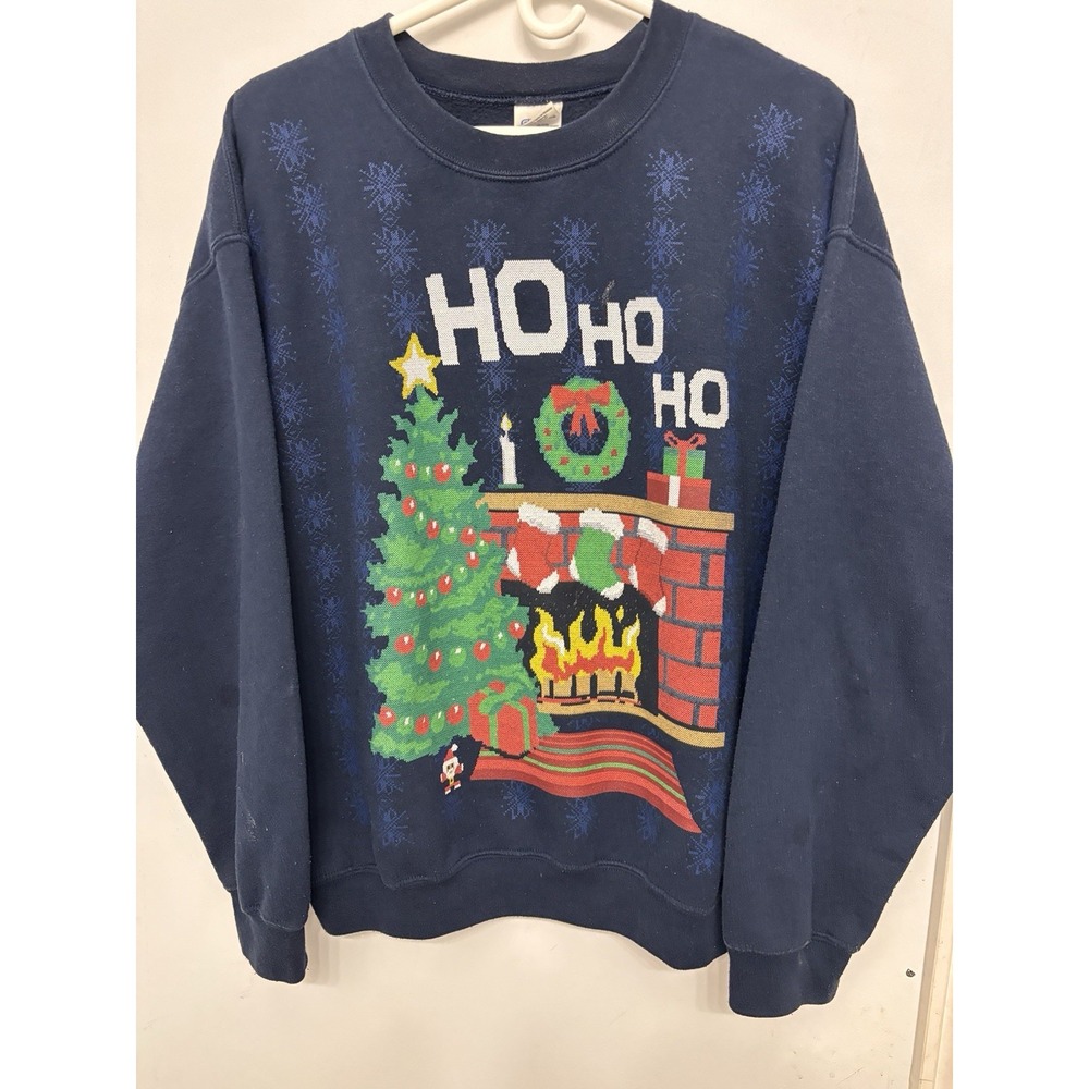 Ho Ho Ho Blue Large Long Sleeve Sweatshirt 48x27 Christmas Tree Fireplace Santa